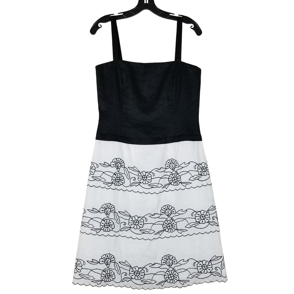 Nikki Valenti Dress Women 8 Black White Irish Linen Floral Embroidered Scallop
